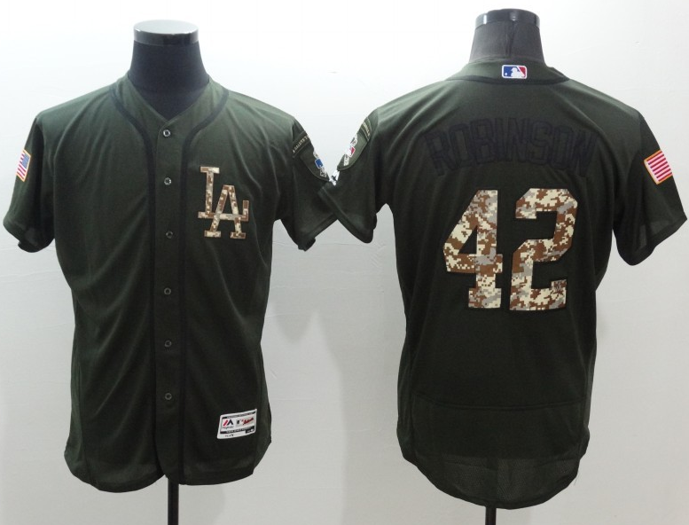 Dodgers #42 Jackie Robinson Green Flexbase Authentic Collection Salute to Service Stitched MLB Jersey - Click Image to Close